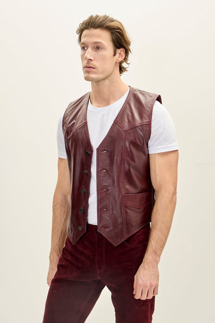 Men's Club-Style Lambskin Leather Vest - Burgundy | Ron Tomson
