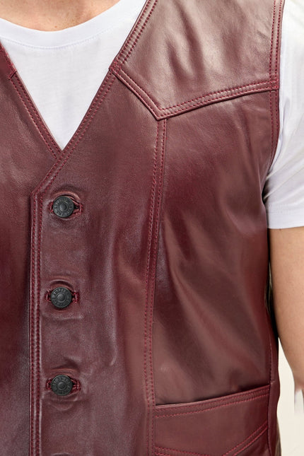 Men's Club-Style Lambskin Leather Vest - Burgundy | Ron Tomson