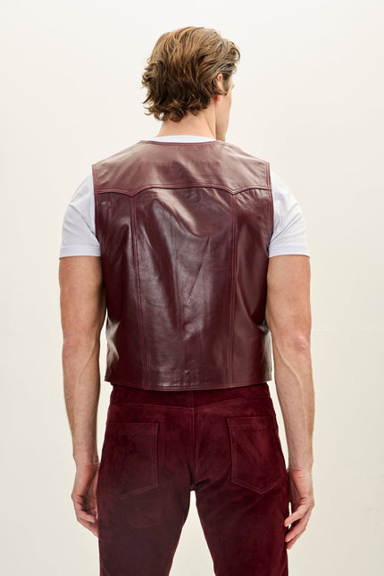Men's Club-Style Lambskin Leather Vest - Burgundy | Ron Tomson