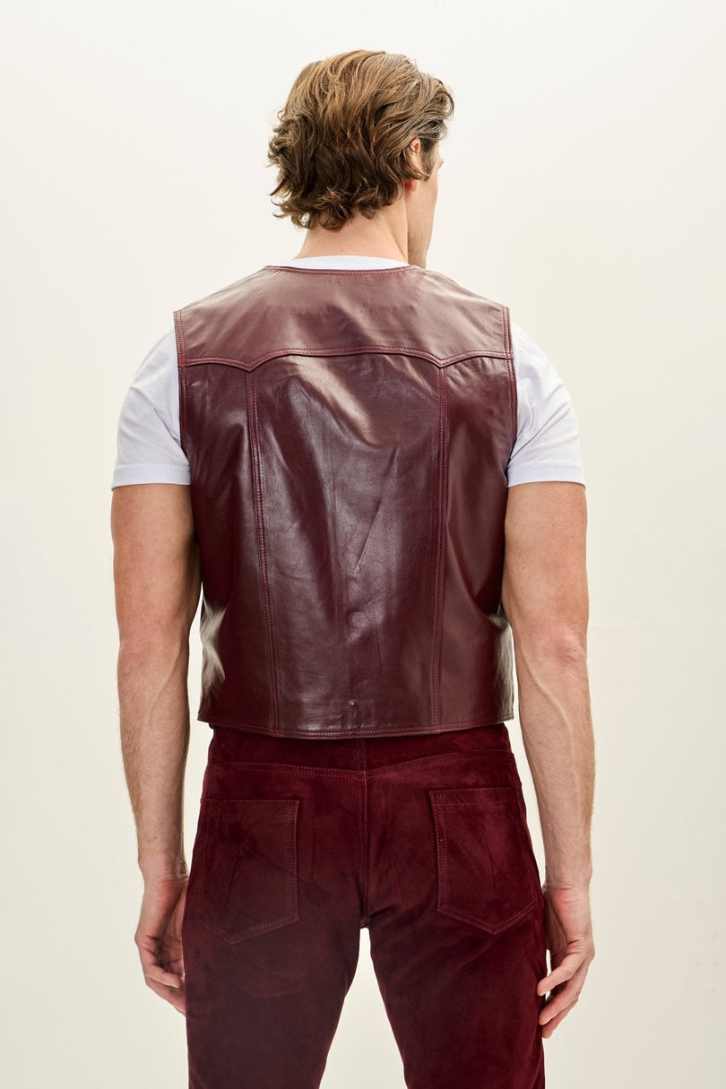 Men's Club-Style Lambskin Leather Vest - Burgundy | Ron Tomson