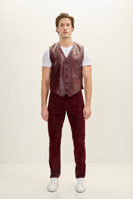 Men's Club-Style Lambskin Leather Vest - Burgundy | Ron Tomson