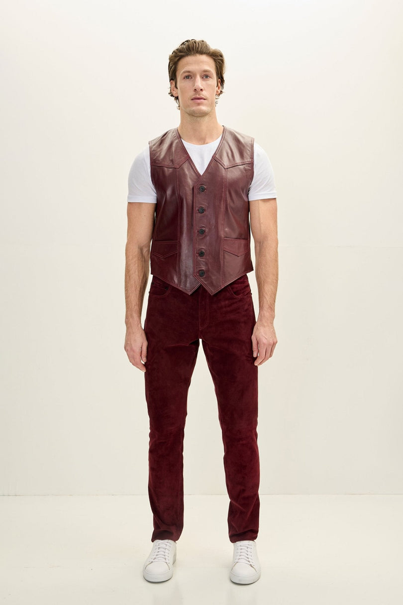 Men's Club-Style Lambskin Leather Vest - Burgundy | Ron Tomson