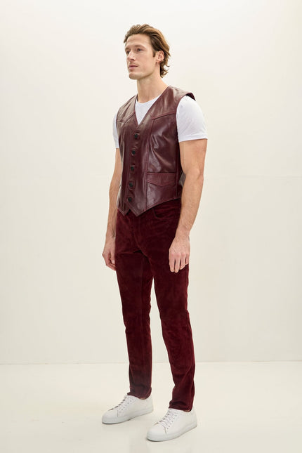 Men's Club-Style Lambskin Leather Vest - Burgundy | Ron Tomson