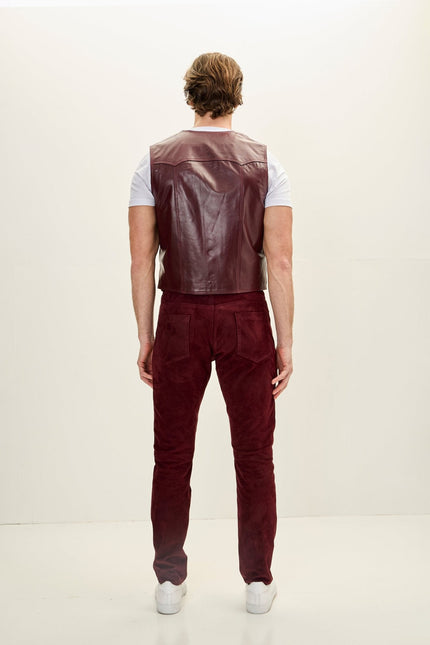 Men's Club-Style Lambskin Leather Vest - Burgundy | Ron Tomson
