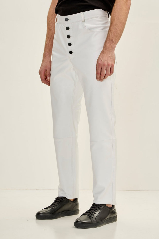 Men's Lambskin Leather Pants - White | Ron Tomson