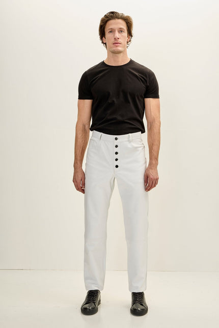 Men's Lambskin Leather Pants - White | Ron Tomson
