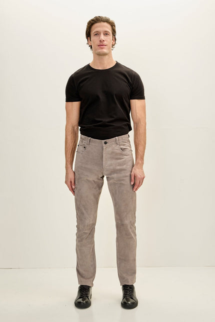 Men's Lambskin Suede Pants - Grey | Ron Tomson