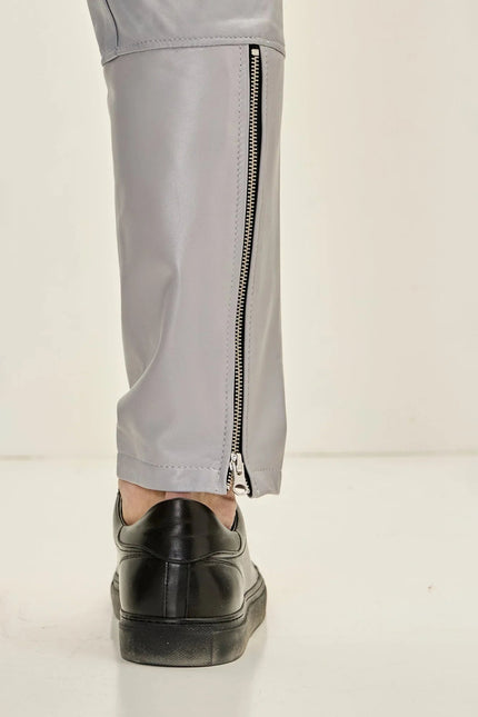 Men's Lambskin Leather Joggers - Grey | Ron Tomson