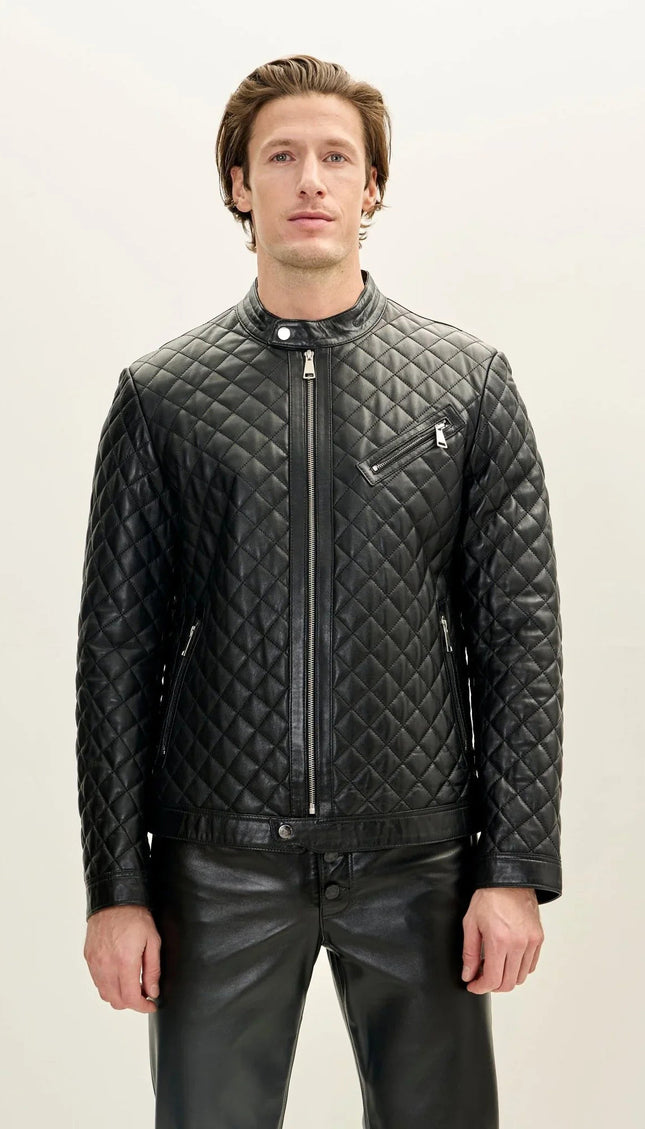 Quilted Leather Puffer Jacket - Black