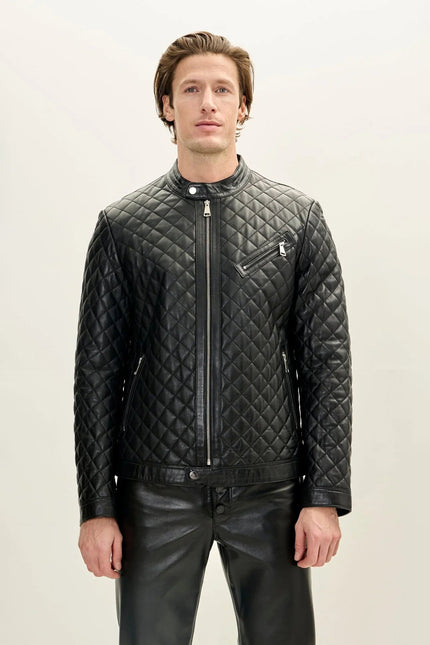 Men's Quilted Leather Puffer Jacket - Black | Ron Tomson