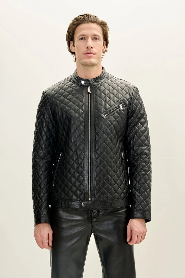 Men's Quilted Leather Puffer Jacket - Black | Ron Tomson