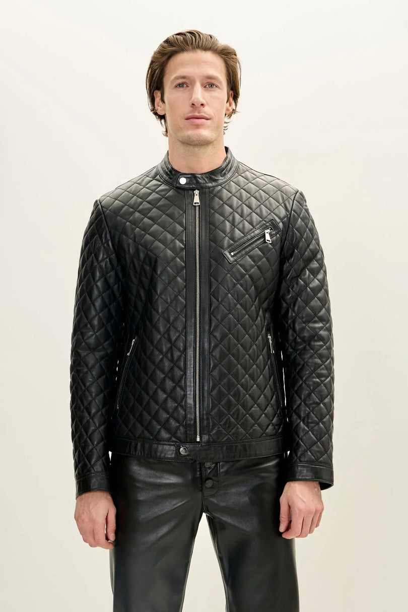 Men's Quilted Leather Puffer Jacket - Black | Ron Tomson