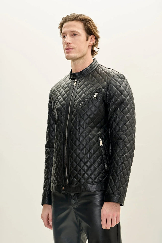 Men's Quilted Leather Puffer Jacket - Black | Ron Tomson