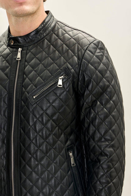 Men's Quilted Leather Puffer Jacket - Black | Ron Tomson