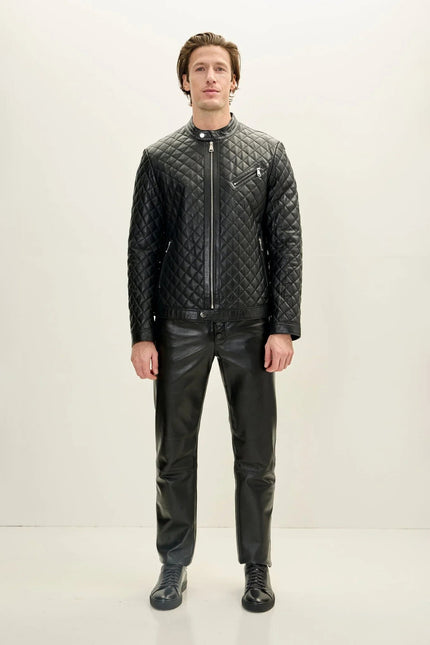 Men's Quilted Leather Puffer Jacket - Black | Ron Tomson