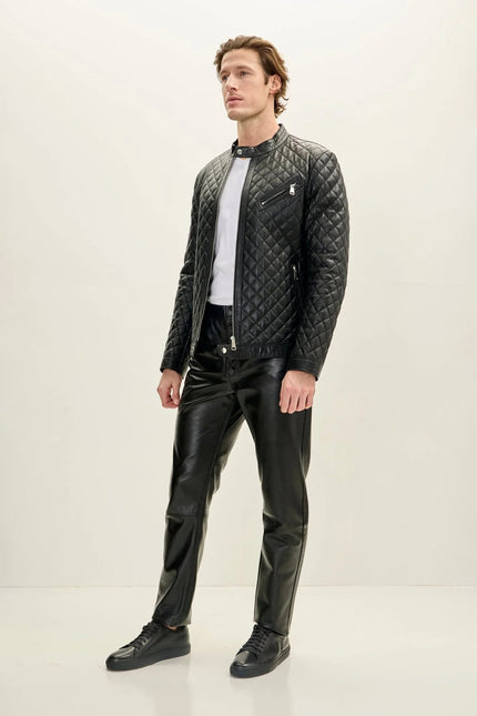 Men's Quilted Leather Puffer Jacket - Black | Ron Tomson