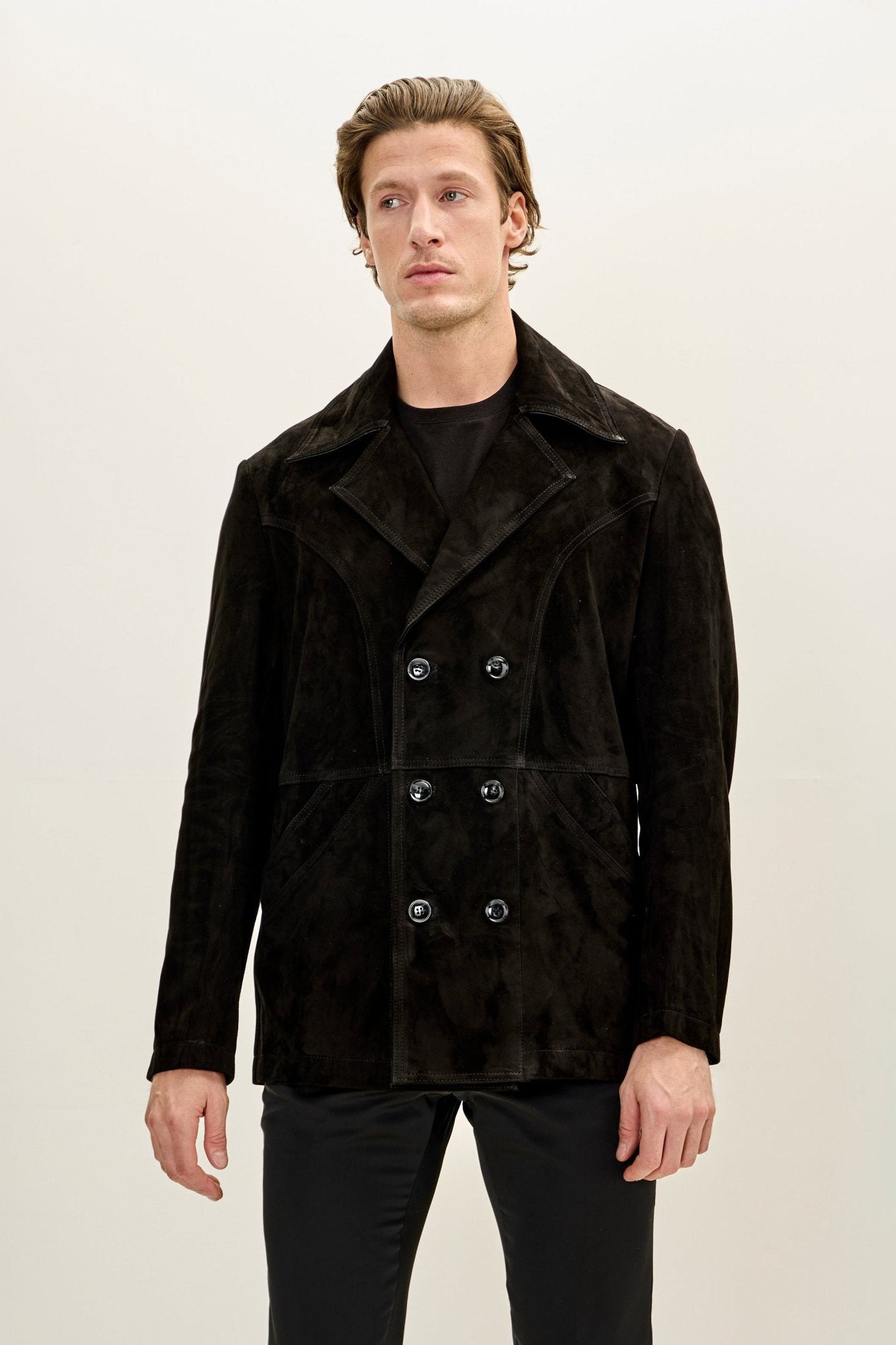 Men's Double-Breasted Lambskin Suede Peacoat - Black | Ron Tomson