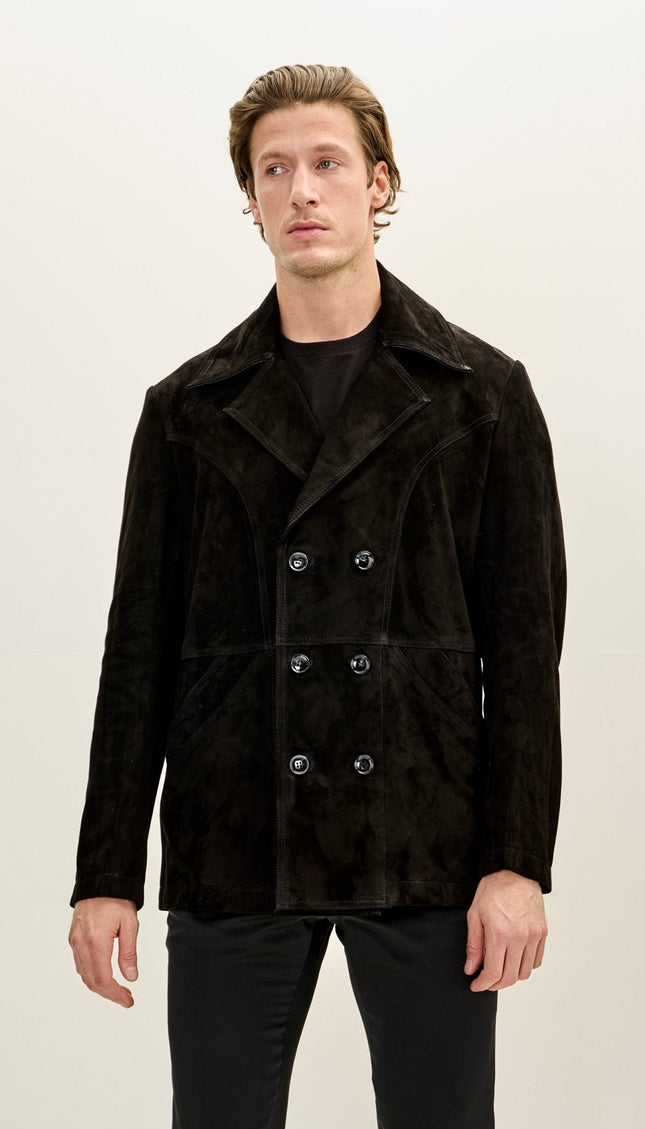 Double-Breasted Lambskin Suede Peacoat - Black