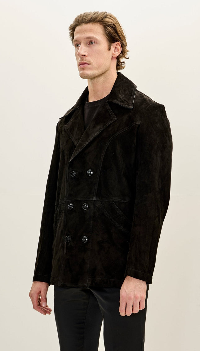 Double-Breasted Lambskin Suede Peacoat - Black
