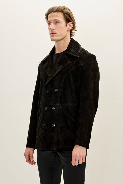 Men's Double-Breasted Lambskin Suede Peacoat - Black | Ron Tomson