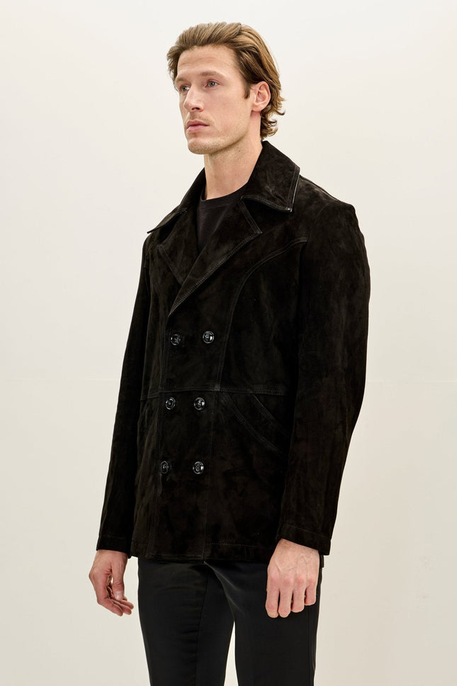 Men's Double-Breasted Lambskin Suede Peacoat - Black | Ron Tomson