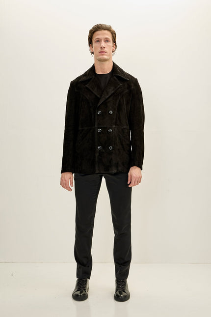 Men's Double-Breasted Lambskin Suede Peacoat - Black | Ron Tomson