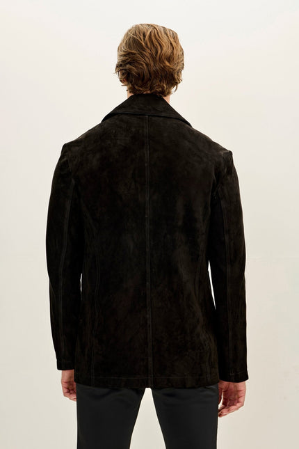 Men's Double-Breasted Lambskin Suede Peacoat - Black | Ron Tomson