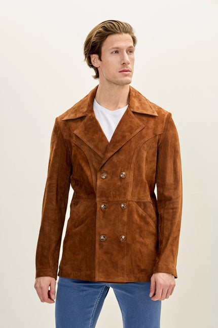 Men's Lambskin Suede-Bonded Peacoat - Camel | Ron Tomson