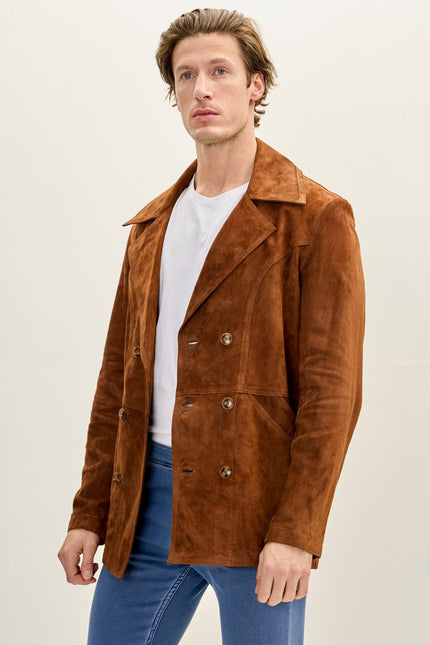 Men's Lambskin Suede-Bonded Peacoat - Camel | Ron Tomson