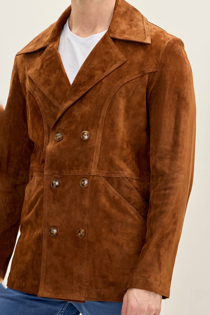 Men's Lambskin Suede-Bonded Peacoat - Camel | Ron Tomson