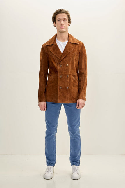Men's Lambskin Suede-Bonded Peacoat - Camel | Ron Tomson