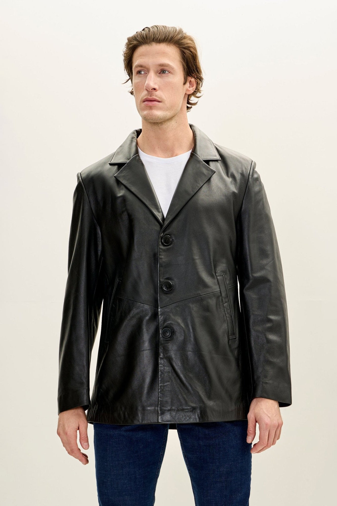 Men's Notch Lapel 3-buttons Longline Leather Jacket - Black | Ron