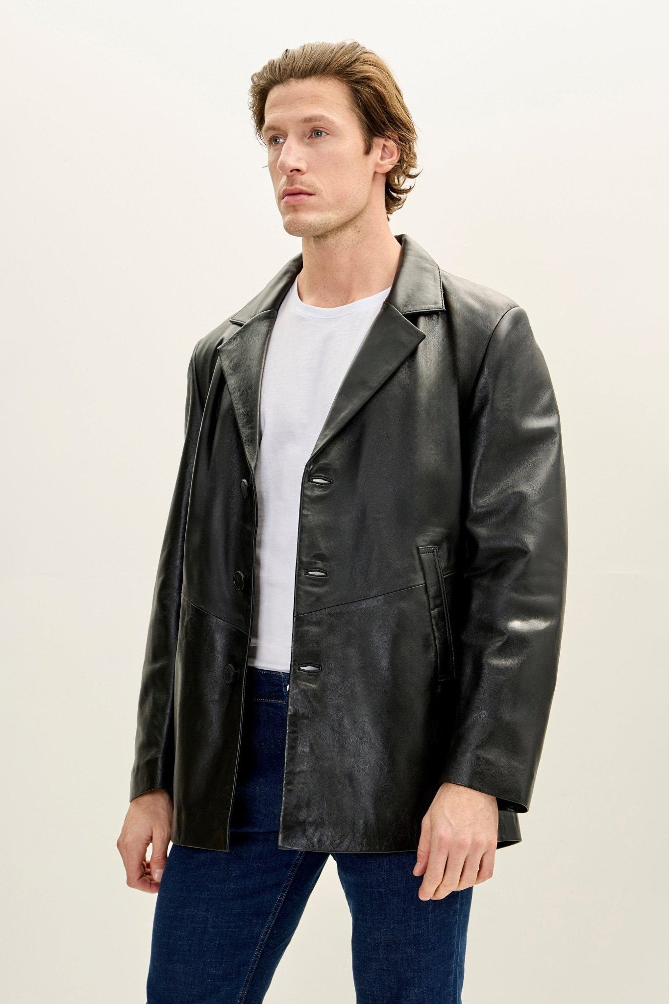 Men's Notch Lapel 3-buttons Longline Leather Jacket - Black | Ron