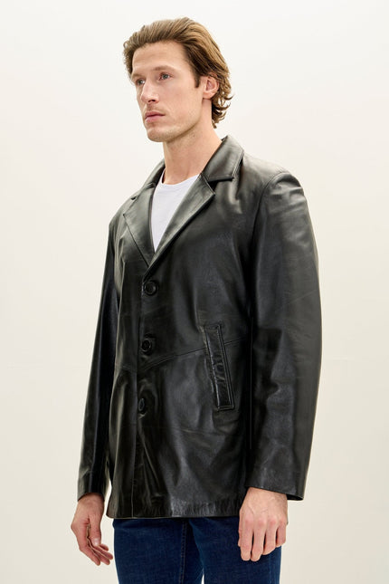 Men's Notch Lapel 3-buttons Longline Leather Jacket - Black | Ron Tomson