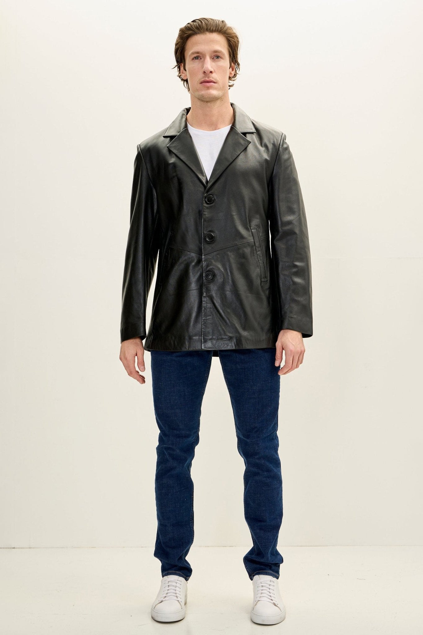Men's Notch Lapel 3-buttons Longline Leather Jacket - Black | Ron