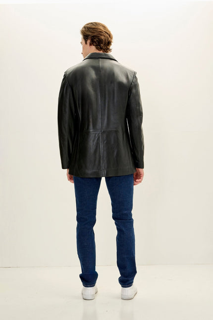 Men's Notch Lapel 3-buttons Longline Leather Jacket - Black | Ron Tomson