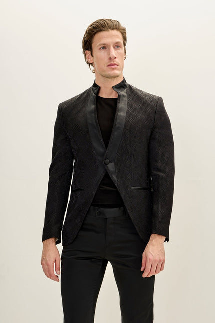 Men's Embellished Mandarin Collar Tuxedo Jacket - Black | Ron Tomson
