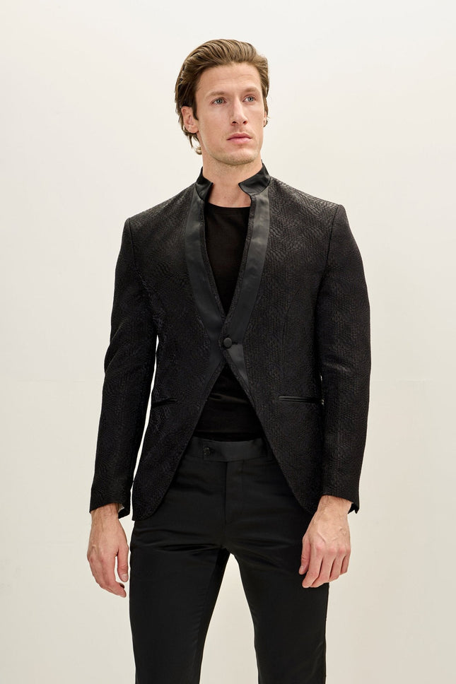Men's Embellished Mandarin Collar Tuxedo Jacket - Black | Ron Tomson