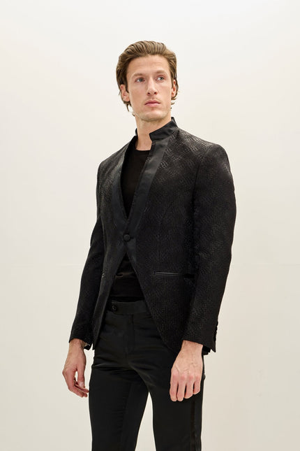 Men's Embellished Mandarin Collar Tuxedo Jacket - Black | Ron Tomson