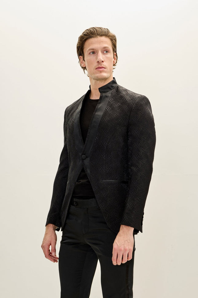 Men's Embellished Mandarin Collar Tuxedo Jacket - Black | Ron Tomson