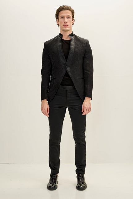 Men's Embellished Mandarin Collar Tuxedo Jacket - Black | Ron Tomson