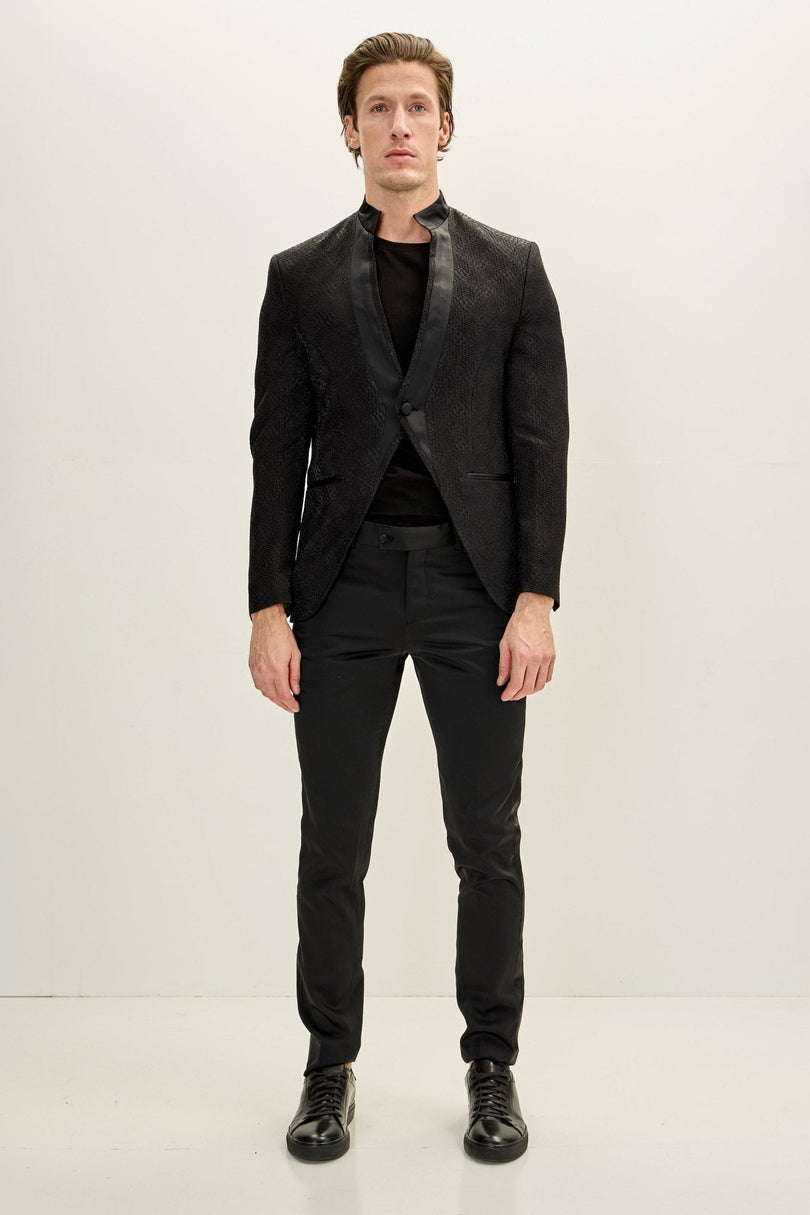 Men's Embellished Mandarin Collar Tuxedo Jacket - Black | Ron Tomson