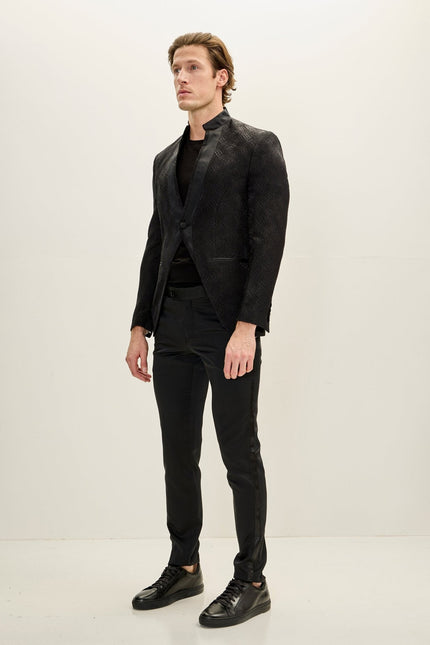 Men's Embellished Mandarin Collar Tuxedo Jacket - Black | Ron Tomson