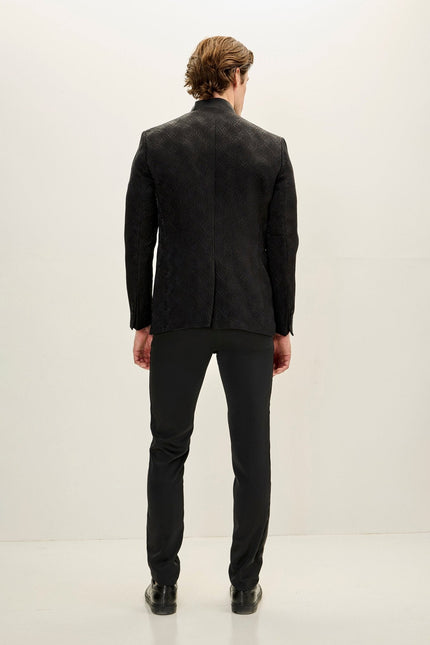 Men's Embellished Mandarin Collar Tuxedo Jacket - Black | Ron Tomson