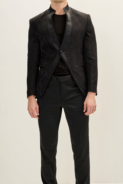 Men's Embellished Mandarin Collar Tuxedo Jacket - Black | Ron Tomson