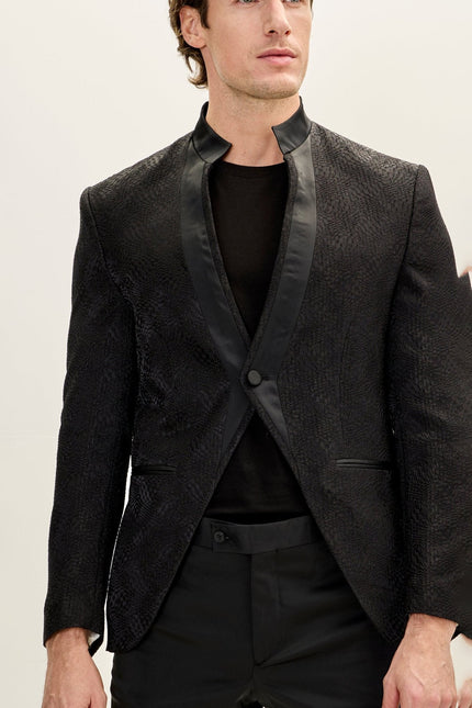 Men's Embellished Mandarin Collar Tuxedo Jacket - Black | Ron Tomson