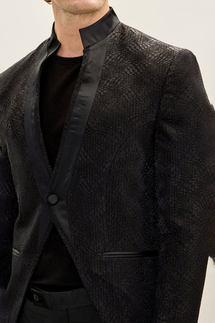 Men's Embellished Mandarin Collar Tuxedo Jacket - Black | Ron Tomson