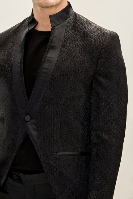 Embellished Mandarin Collar Tuxedo Jacket - Black