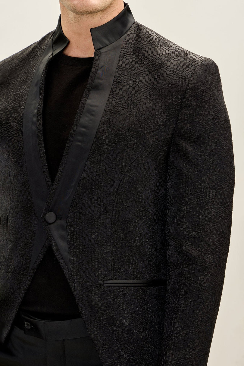 Embellished Mandarin Collar Tuxedo Jacket - Black