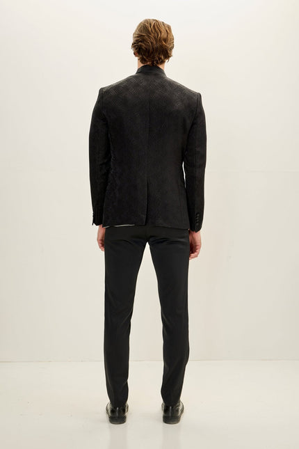 Embellished Mandarin Collar Tuxedo Jacket - Black